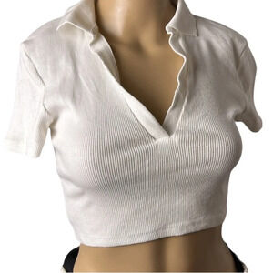 Zara  crop top . Women XXS deep Vee,cotton knit,rib,short sleeve,shirt collar